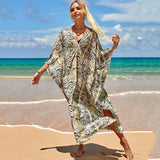 Loose Floral Pleated Kaftan Dresses for Women Wave Neck Swimsuit Cover Up Caftan