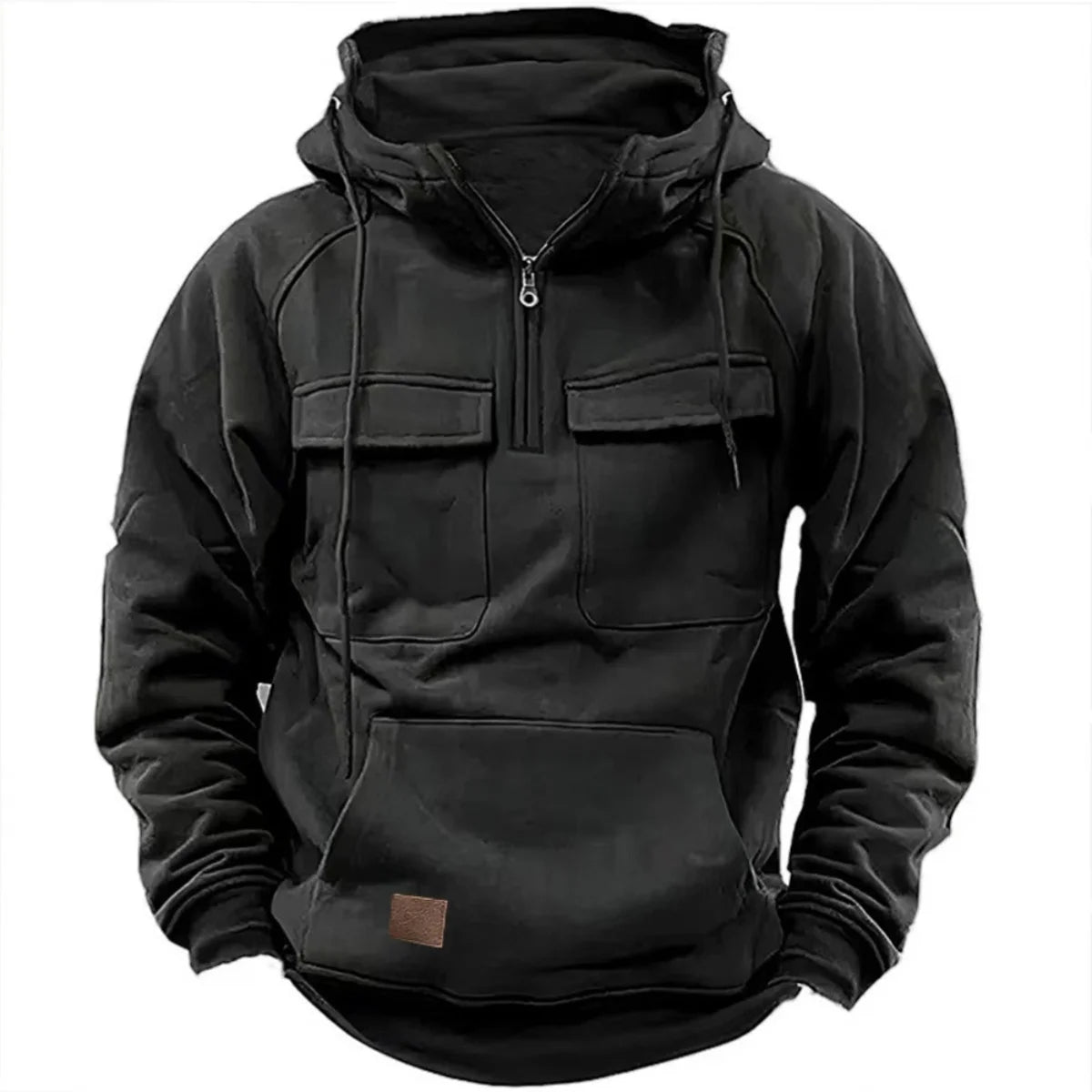 New autumn-winter men's hooded solid-color casual hoodie - fashionable young man's multi-pocket patch hoodie pullover shirt 2