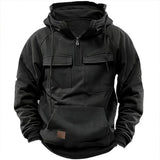 New autumn-winter men's hooded solid-color casual hoodie - fashionable young man's multi-pocket patch hoodie pullover shirt 2