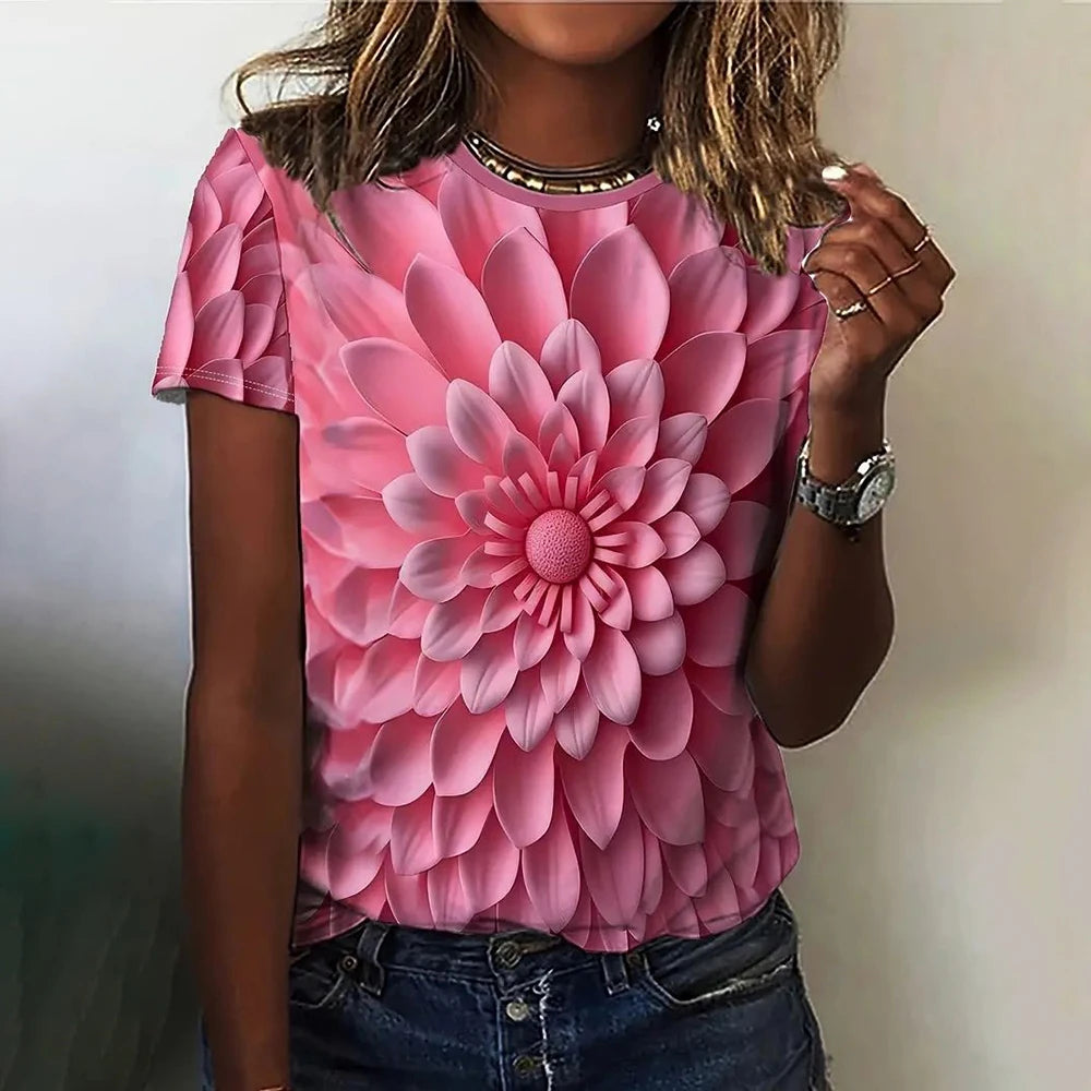3D Floral Print Women's T-Shirt - Summer Casual Tee