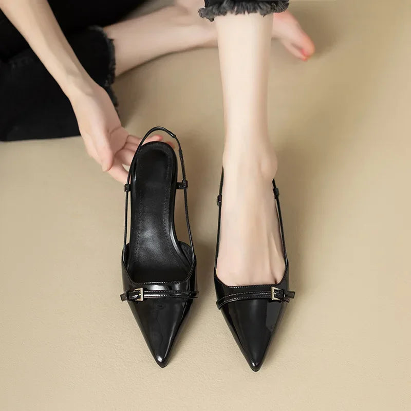 2024 New Summer French Wine Red Pointed Patent Leather Mid-heel Overhead Sandals for Women Retro Skinny Heel Back Empty Shoes 4