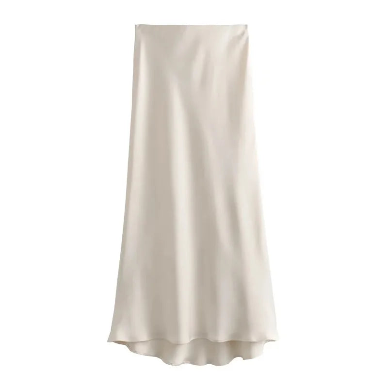 Elegant High-Waist Satin Midi Skirt