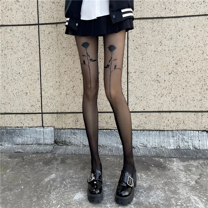Sexy Women Pantyhose Tights Seamless Ultra-thin Velvet Silk Pantyhose Black Rose Print Tight Stocking Female Hosiery Meias Mujer 4