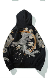 Makuluya Hoodies Yokosuka Black Dragon Phoenix Suzaku Pattern Embroidered Pullover Sakura