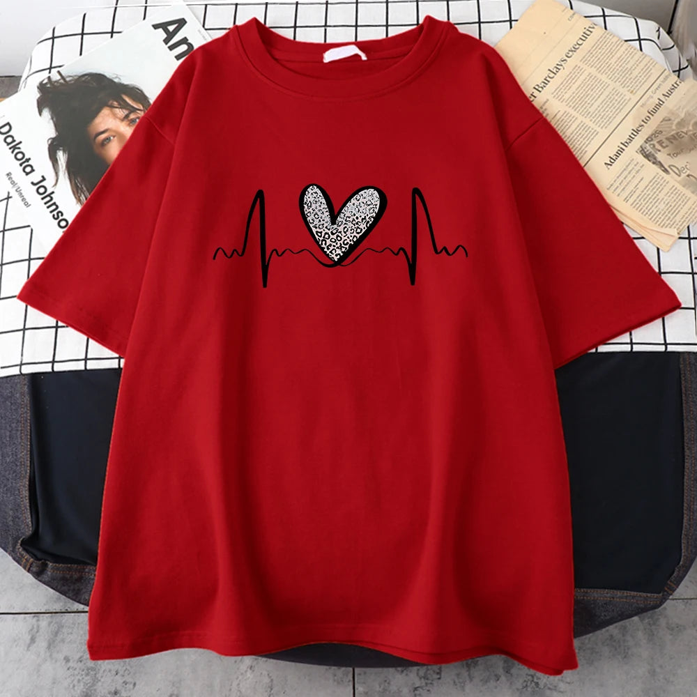 Leopard Heart Electrocardiogram T-Shirt Women Summer Soft Clothing Fashion Short Sleeve Plus Size Cotton Tshirts 3