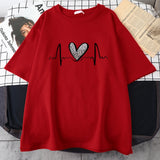 Leopard Heart Electrocardiogram T-Shirt Women Summer Soft Clothing Fashion Short Sleeve Plus Size Cotton Tshirts 3