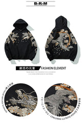 Makuluya Hoodies Yokosuka Black Dragon Phoenix Suzaku Pattern Embroidered Pullover Sakura
