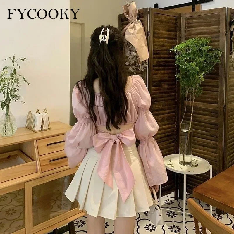 Back Puff Sleeve Shirts Women Autumn French Bow Bandage Blouses 2025 New Black Pink Square Neck Cropped Tops Female