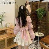 Back Puff Sleeve Shirts Women Autumn French Bow Bandage Blouses 2025 New Black Pink Square Neck Cropped Tops Female