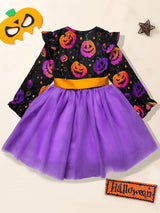 Girl Halloween Dress Pumpkin Ghost Face Pattern Mesh With Ribbon Long Sleeved Girls Party Dresses 2-8 Children Halloween Costume 2