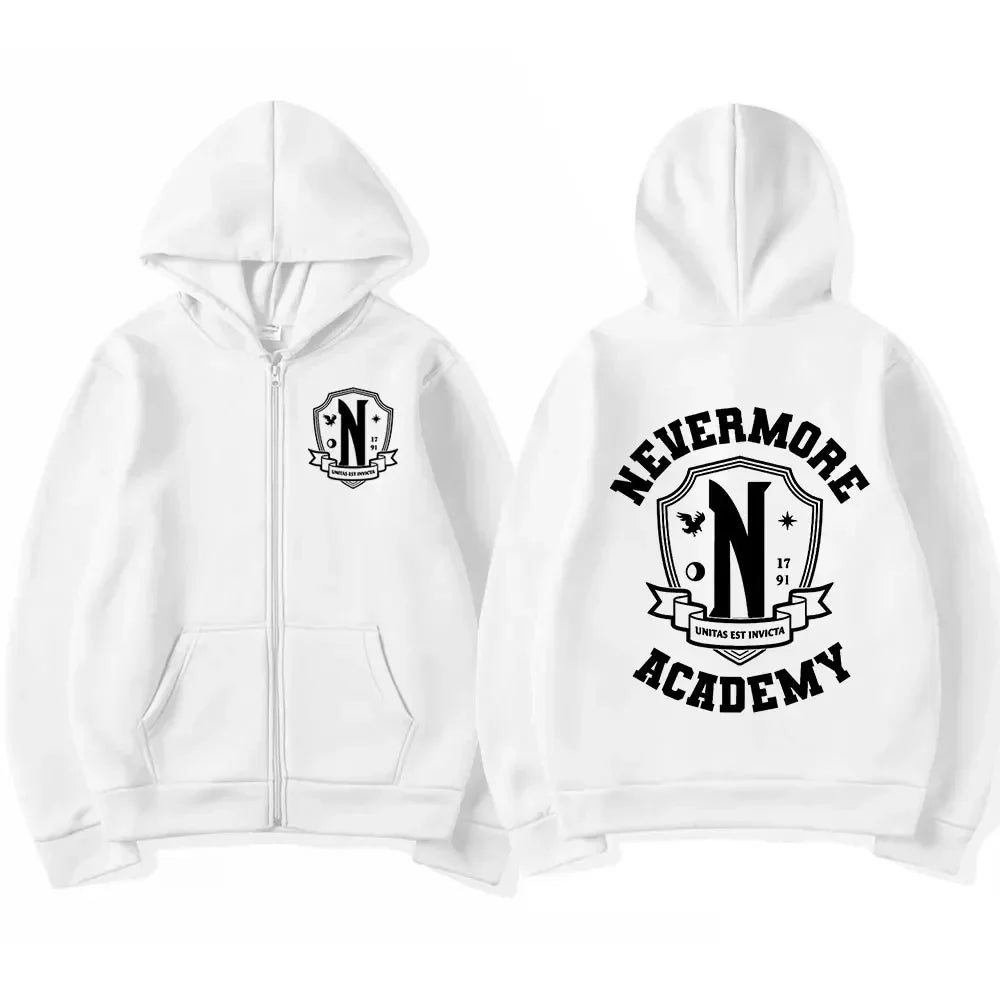 Men Women Nevermore Academy Logo Print Graphic Zipper Hoodie Casual Long Sleeve Harajuku Oversized Zip Up Coats Hoodies 2