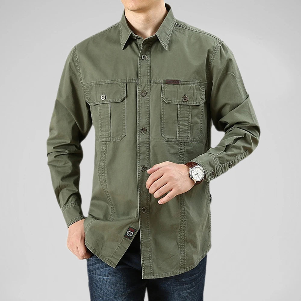 Men's 100% Cotton Multi-Pocket Cargo Shirt - Solid Color, Long Sleeve