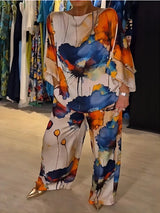 2 Piece Women's Printed Satin Pant Set - Round Neck 3/4 Sleeve Summer Outfit 3