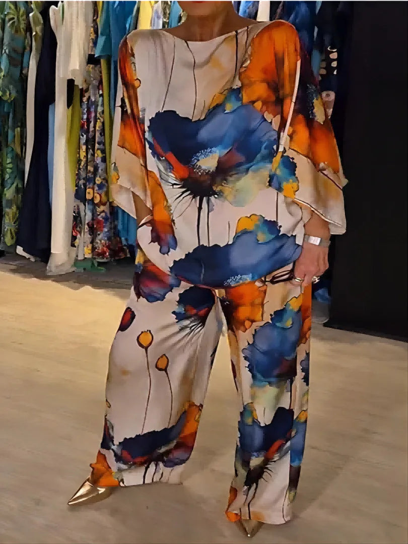 2 Piece Women's Printed Satin Pant Set - Round Neck 3/4 Sleeve Summer Outfit 3