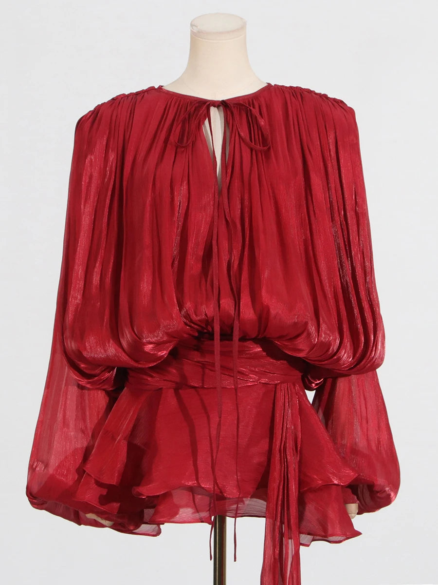 GALCAUR Solid Loose Splicd Lace Up Dresses For Women V Neck Long Sleeves Patchwork Ruffles Tunic Dreses Female Fashio New 5