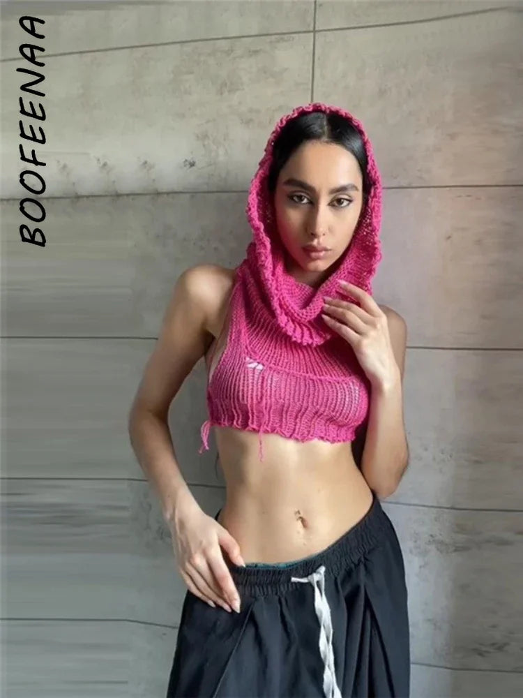BOOFEENAA Hooded Sleeveless Knitted Sweater Vest Streetwear Fashion Sexy Y2k Crop Top Autumn Clothes Women 2023 C71-CE17 5
