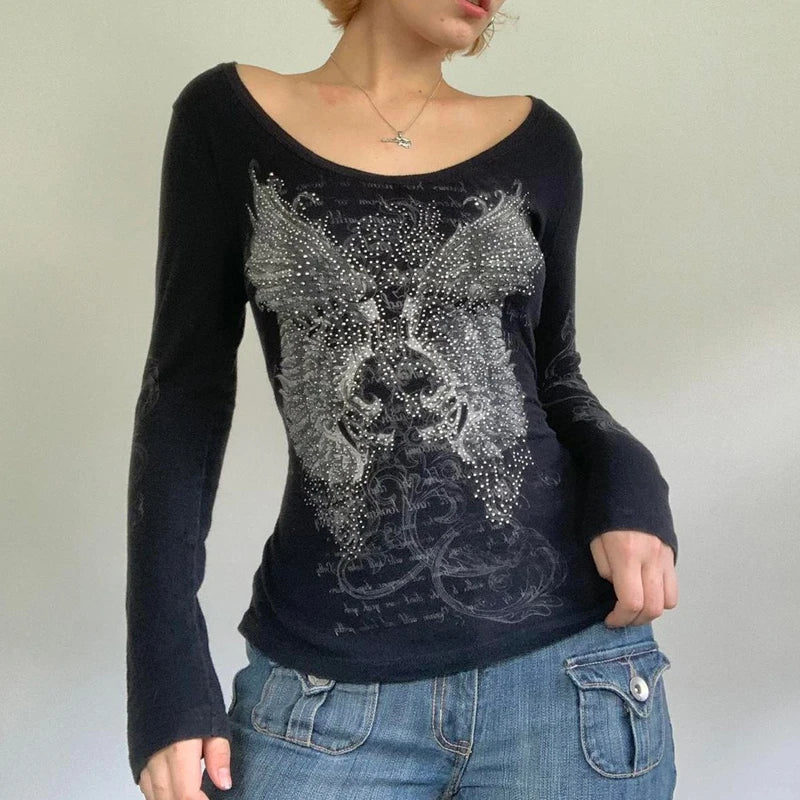 Y2K Grunge Skull Thermal Tee