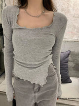 Long Sleeve T-shirts Women Fungus Line Irregular Hem Knitted Slender Autumn Bottoming Tees Chic Fashion Sexy Solid Ulzzang New 6