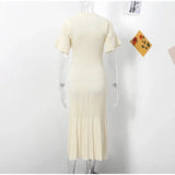 Elegant Knit Dress For Women White Slim O-neck Single Breasted Short Sleeve Long Dresses Female 2025 Spring Fashion Lady Robe 5