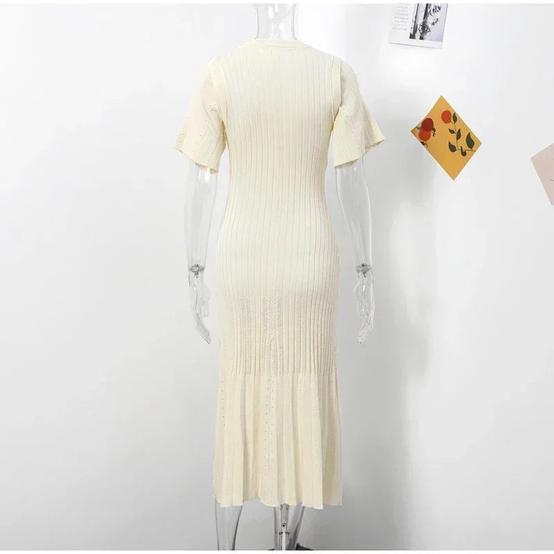 Elegant Knit Dress For Women White Slim O-neck Single Breasted Short Sleeve Long Dresses Female 2025 Spring Fashion Lady Robe 5