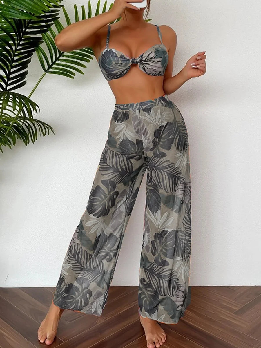 2024 Women's Print Three-Piece Bikini with Long Pants Swimsuit 6
