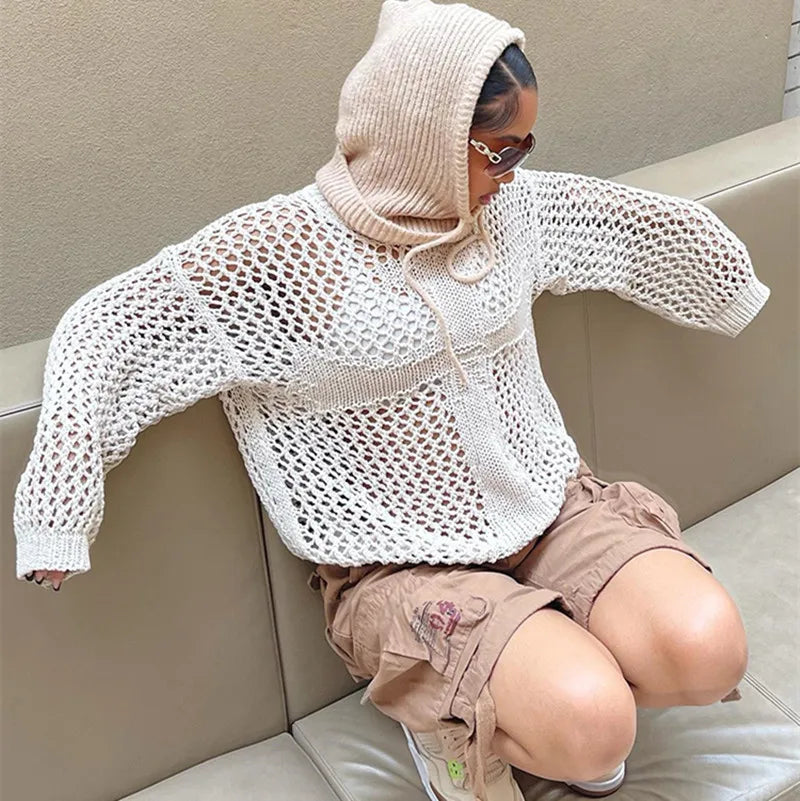 Round neck cross hollow long-sleeved blouse loose summer see-through retro sexy top beach knitwear 5