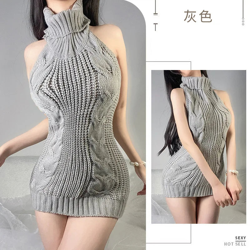 Lingerie Women's Sexy Hollow Out Mature Bvold Deep V High Neck Knitted Short Sweater Open Back Open Chest Temptation Dress T39G 8