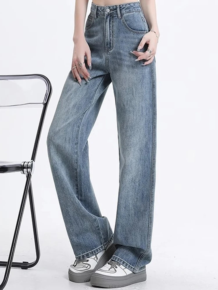 Girls High Waist Wide Leg Jeans Lady High Street Denim Straight Leg Pants Female Retro Blue Light Blue Black Gray Pink Trousers 3