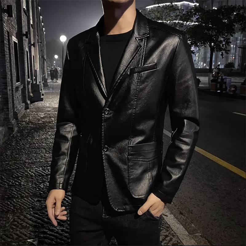 2024 New Men Business Casual Leather Jacket Black / khaki Fashion Male Suit Collar Coats Large Size 5XL Slim Fit Top 4