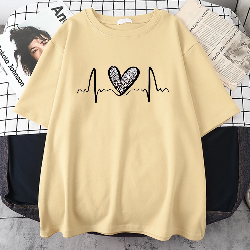 Leopard Heart Electrocardiogram T-Shirt Women Summer Soft Clothing Fashion Short Sleeve Plus Size Cotton Tshirts 6