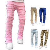 Men’s Ripped Stretch Denim Jeans | Slim Fit Patchwork & Elastic Waist | Straight Leg 3