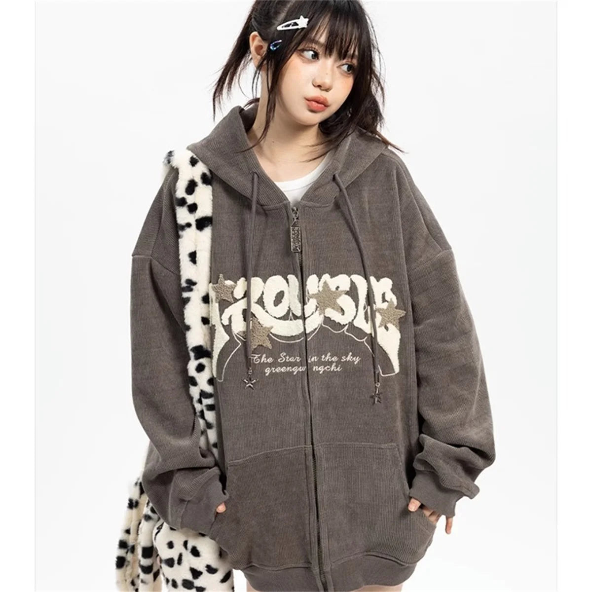 Vintage Embroidery Zip-Up Hoodie | Y2K Harajuku Oversized Sweatshirt