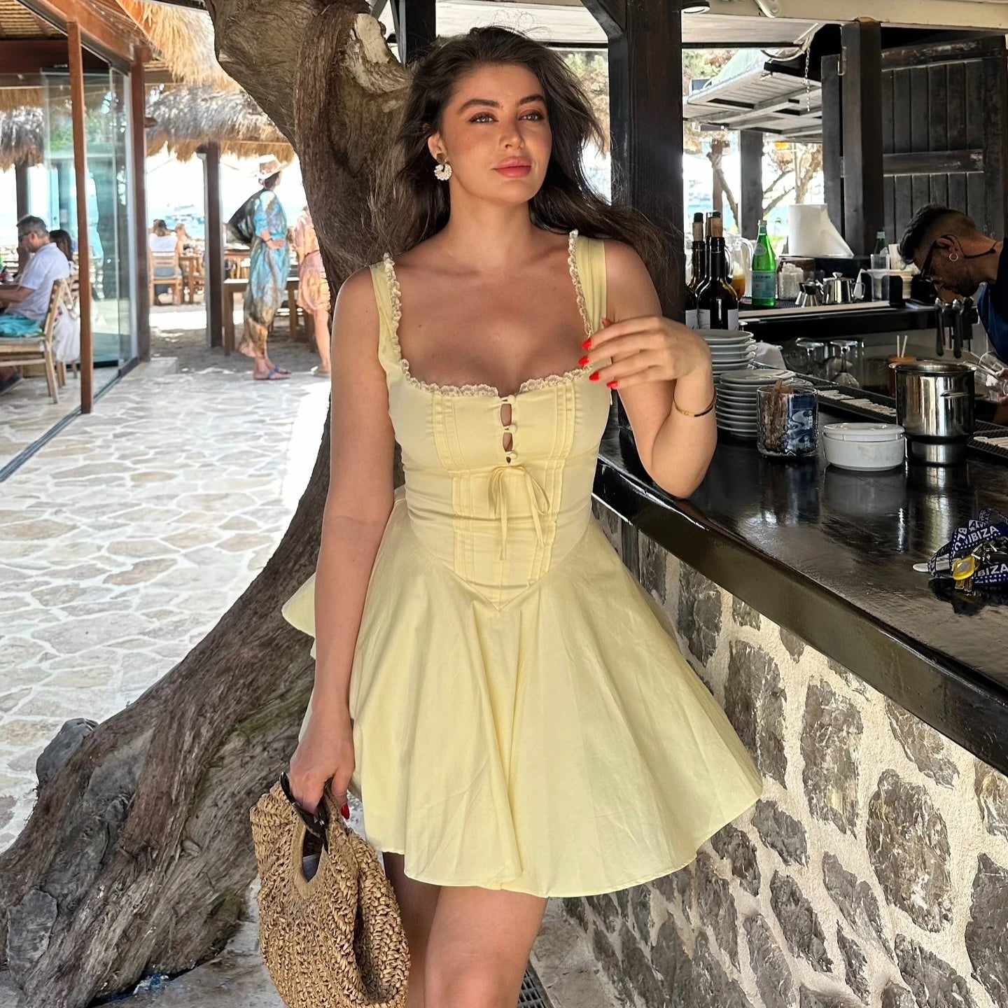 Mingmingxi 2024 Summer Lovely A Line Dress Yellow Sexy Party Dresses Hollow Out Lace Up Elegant Holiday Dress Women 3