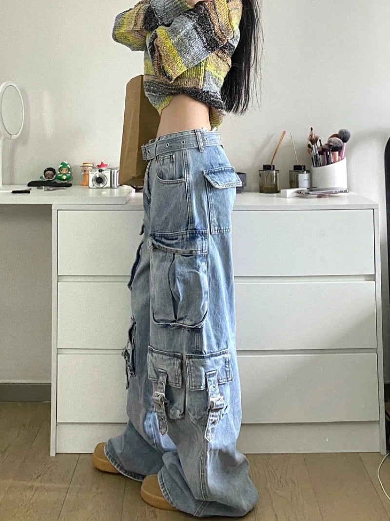 Autumn Winter New Ladies Cargo Jeans American Street Style Baggy Cargo Pants Women Blue Multi-pocket Wide Leg Jeans for Women 2