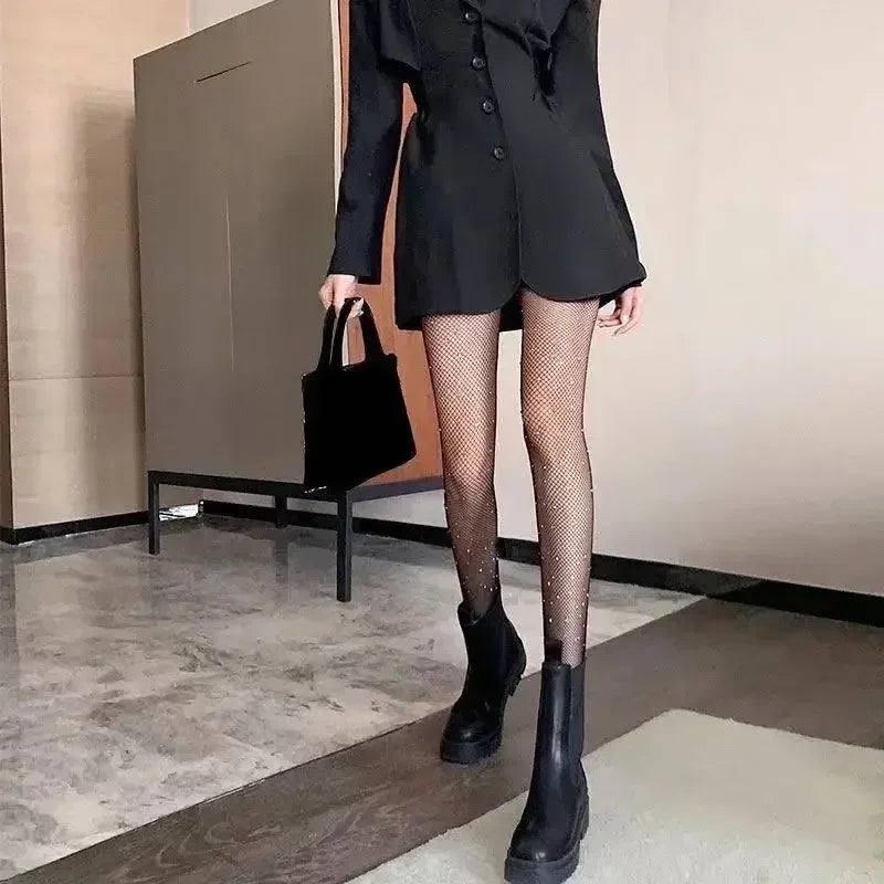 Women Sexy Diamond Tights Rhinestone Fishnet Bling Mesh Hosiery Shiny Fish Net High Waist Pantyhose Party Club Lady Black Tights 6
