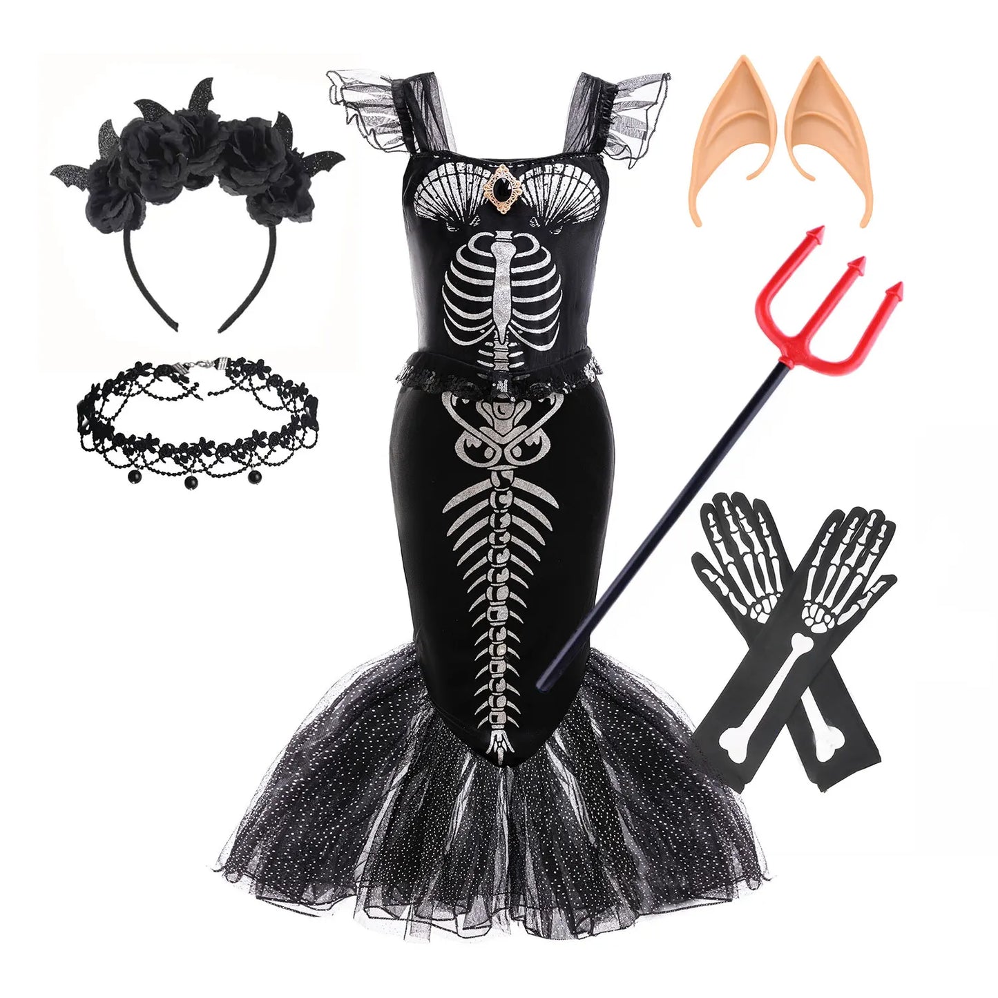 2025 Halloween Party Skeleton Mermaid Costume Girl Gothic Princess Ariel Dress Black Trumpet Frock Dead Siren Cosplay Apparel
