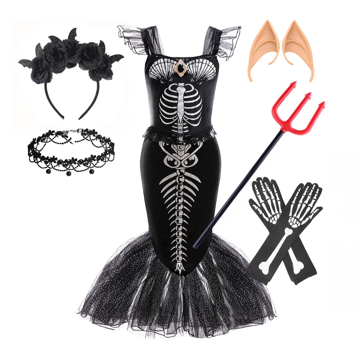 2025 Halloween Party Skeleton Mermaid Costume Girl Gothic Princess Ariel Dress Black Trumpet Frock Dead Siren Cosplay Apparel