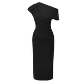 New Summer Elegant Women Evening Dress Chic Solid Sexy Diagonal Collar Folds Slim Midi Party Club Prom Robe Femme Mujer Vestidos 9