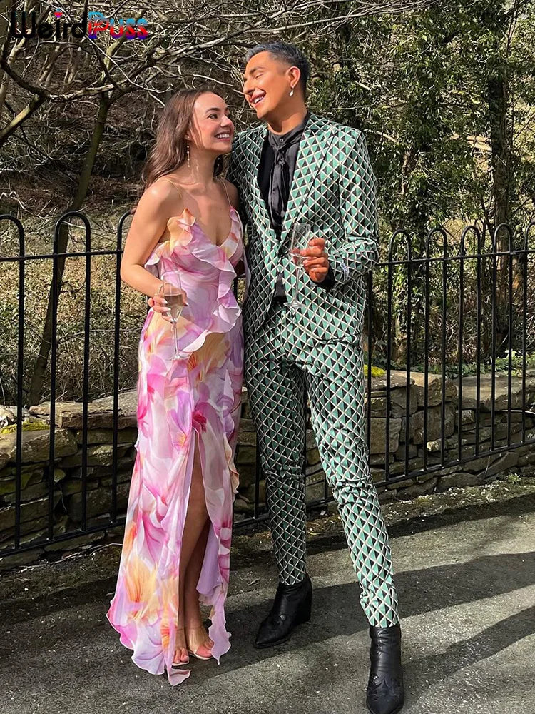 Weird Puss Flower Print Dress Woman Summer Strapless Splits Irregular Tassel Patchwork Backless Bandage Party Skinny Vestidos 5