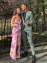 Weird Puss Flower Print Dress Woman Summer Strapless Splits Irregular Tassel Patchwork Backless Bandage Party Skinny Vestidos 5