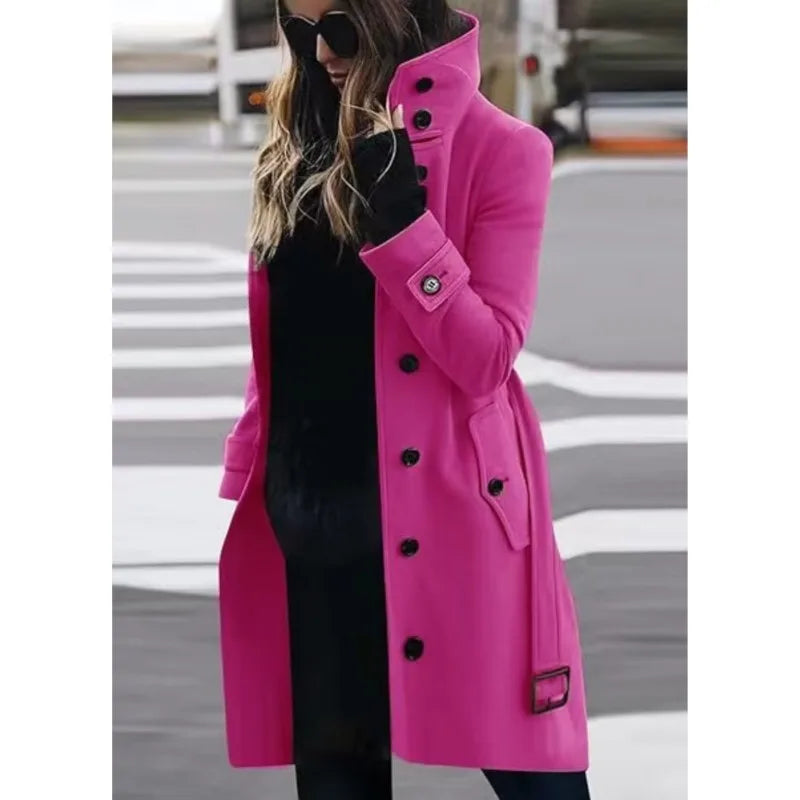 Fashion Commuting Winter Jacket Mid-length Overcoat 2025 Solid color Belt Single-breasted Stand collar for Ladies Office Outfit 4