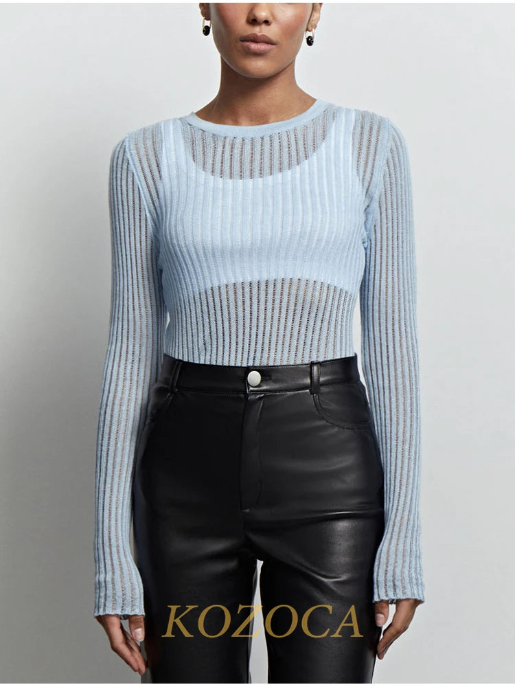 Kozoca Fashion White Elegant Striped See Through Women Tops Outfits Long Sleeve T-Shirts Tees Skinny Club Party Chic Clothes 5