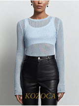 Kozoca Fashion White Elegant Striped See Through Women Tops Outfits Long Sleeve T-Shirts Tees Skinny Club Party Chic Clothes 5