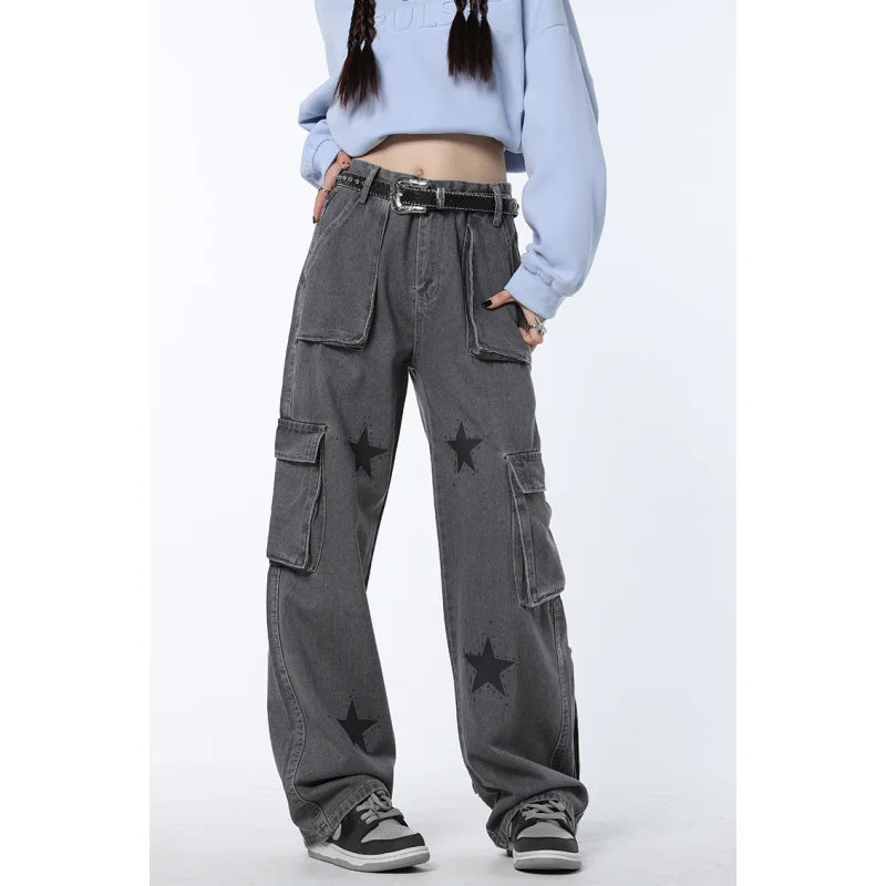 Vintage Grey High Waist Women Jeans Straight Baggy Denim Pants Stars American Fashion Streetwear Wide Leg Jean Female Trouser 4