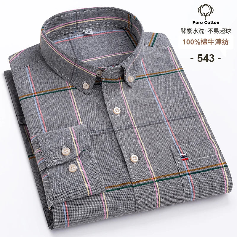 100-Cotton-Oxford-Men-s-Shirts-Long-Sleeves-Plaid-Soft-Regular-Fit-Formal-Dress-Shirt-Pocket