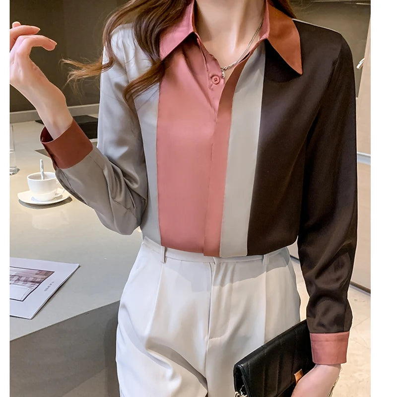 Fashion Elegant Long Sleeve Office Shirt Spring Vintage Stripe Satin Women Blouse 2025 Autumn Button Casual Loose Tops Clothing 2