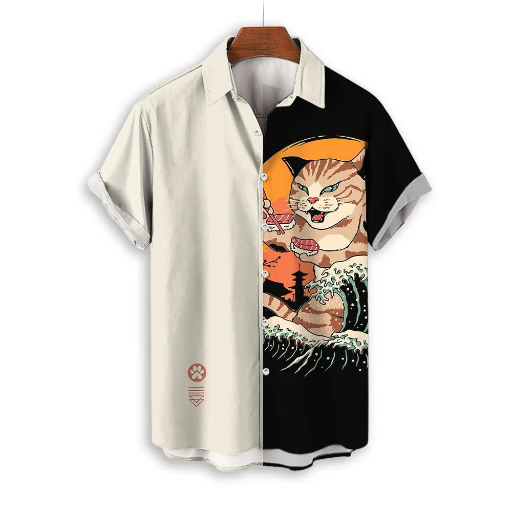Fashion-Men-s-Clothing-Cool-Samurai-Cat-Tops-Summer-New-Men-s-Clothing-Casual-Short-Sleeved