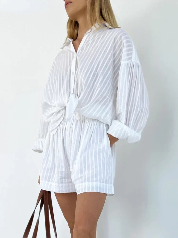 Wolfeel Casual Shorts Sets Striped Jacquard 2 Pieces Cozy Lapel Lantern Sleeve Shirt Summer Outfit Elastic Waist Shorts Suits 3