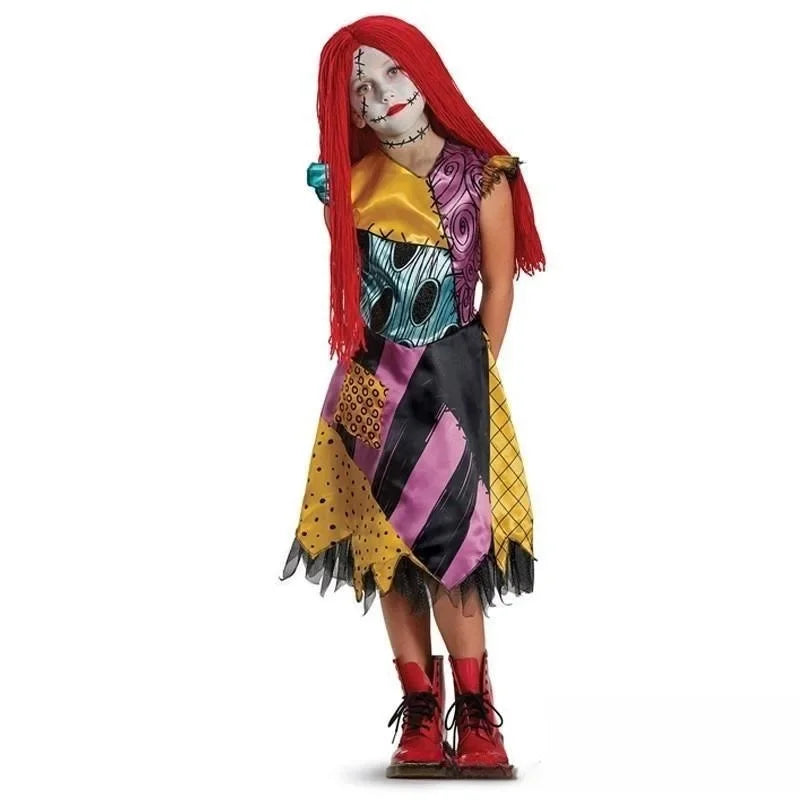 Girl Christmas Eve Scary Ruffle Dress Bow Suit Halloween Costume Girls Boys Sally Jack Cosplay Costume Tracksuit Party Outfits 2