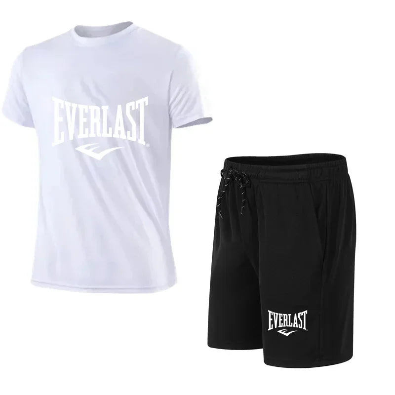 EVERLAST Men's T-shirt + Shorts 2pcs Set Leisure Breath Short Sleeve Sport Jogging Gym Brand Print Clothing